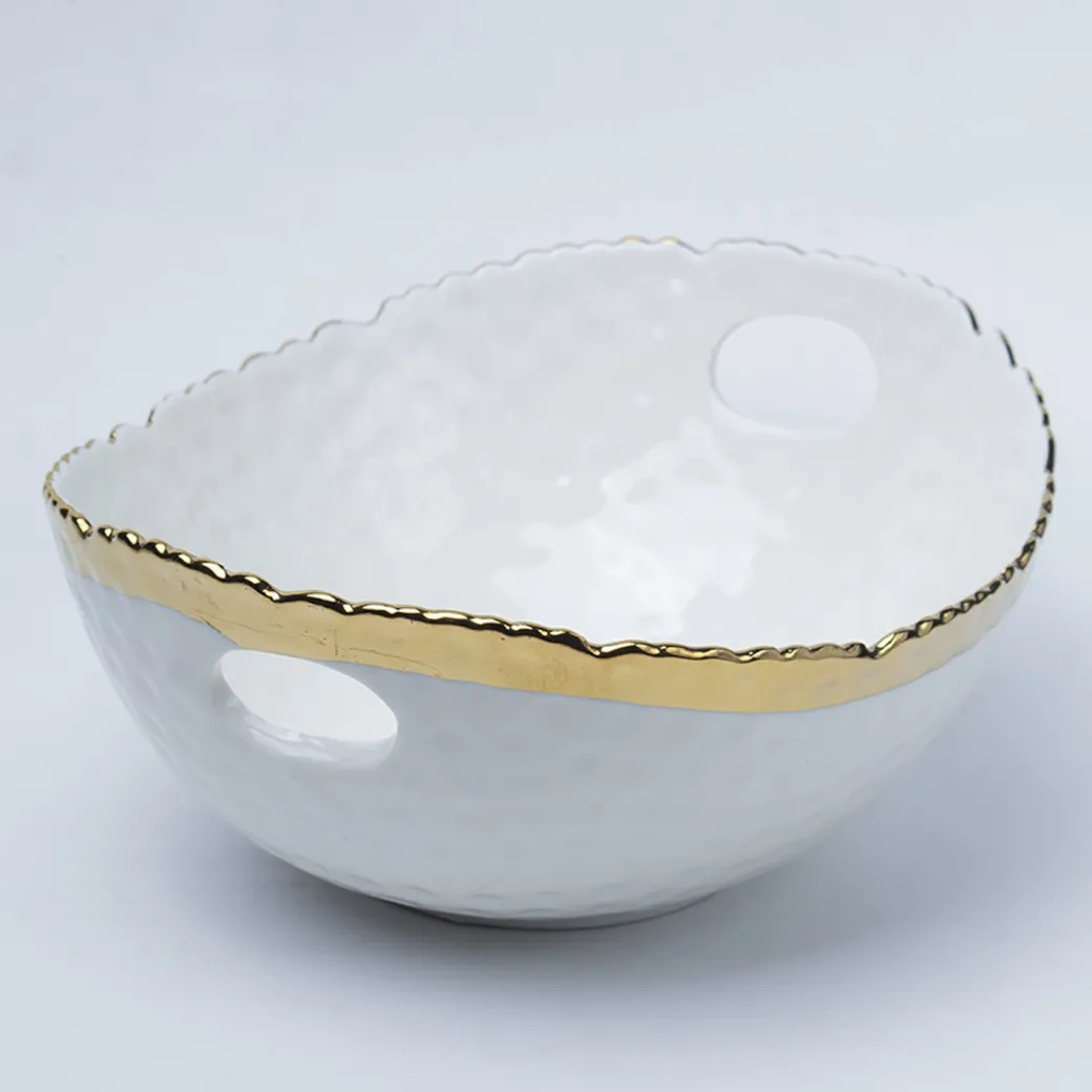 Antique Off White Ceramic Round Serving Dish ( Both Side Handle ) - 21 x 17 x 9CM