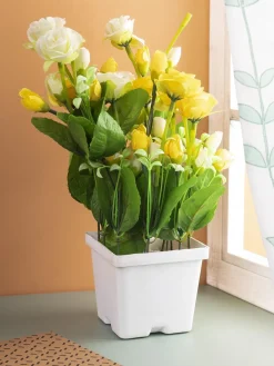 Artificial Plant with White Pot, Rose Flower Arrangement, Yellow, Plastic Plant