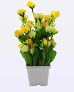 Artificial Plant with White Pot, Rose Flower Arrangement, Yellow, Plastic Plant