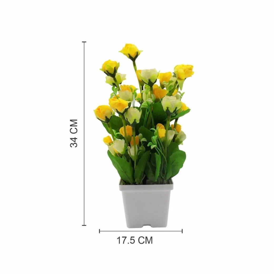 Artificial Plant with White Pot, Rose Flower Arrangement, Yellow, Plastic Plant