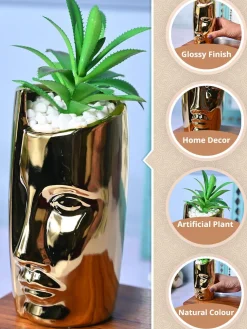 Artistic Touch - Face Design Ceramic Pot with Faux Plant