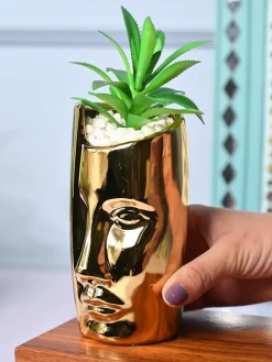 Artistic Touch - Face Design Ceramic Pot with Faux Plant