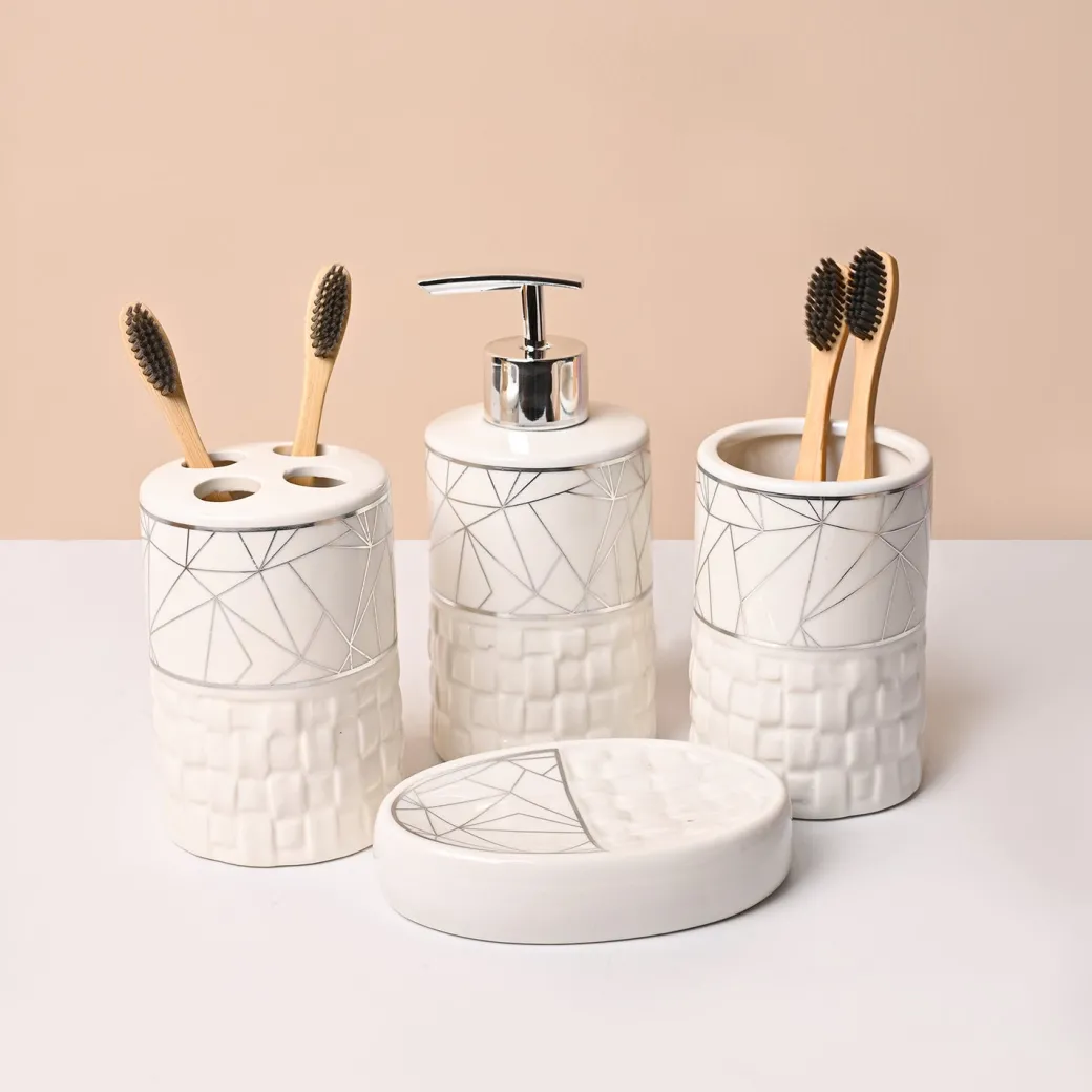 Bathroom Accessory Set (White with Grey, Ceramic – 4 Pc)