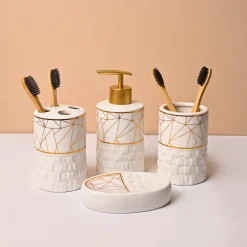 Bathroom Accessory Set (White with Brown, Ceramic – 4 Pc)