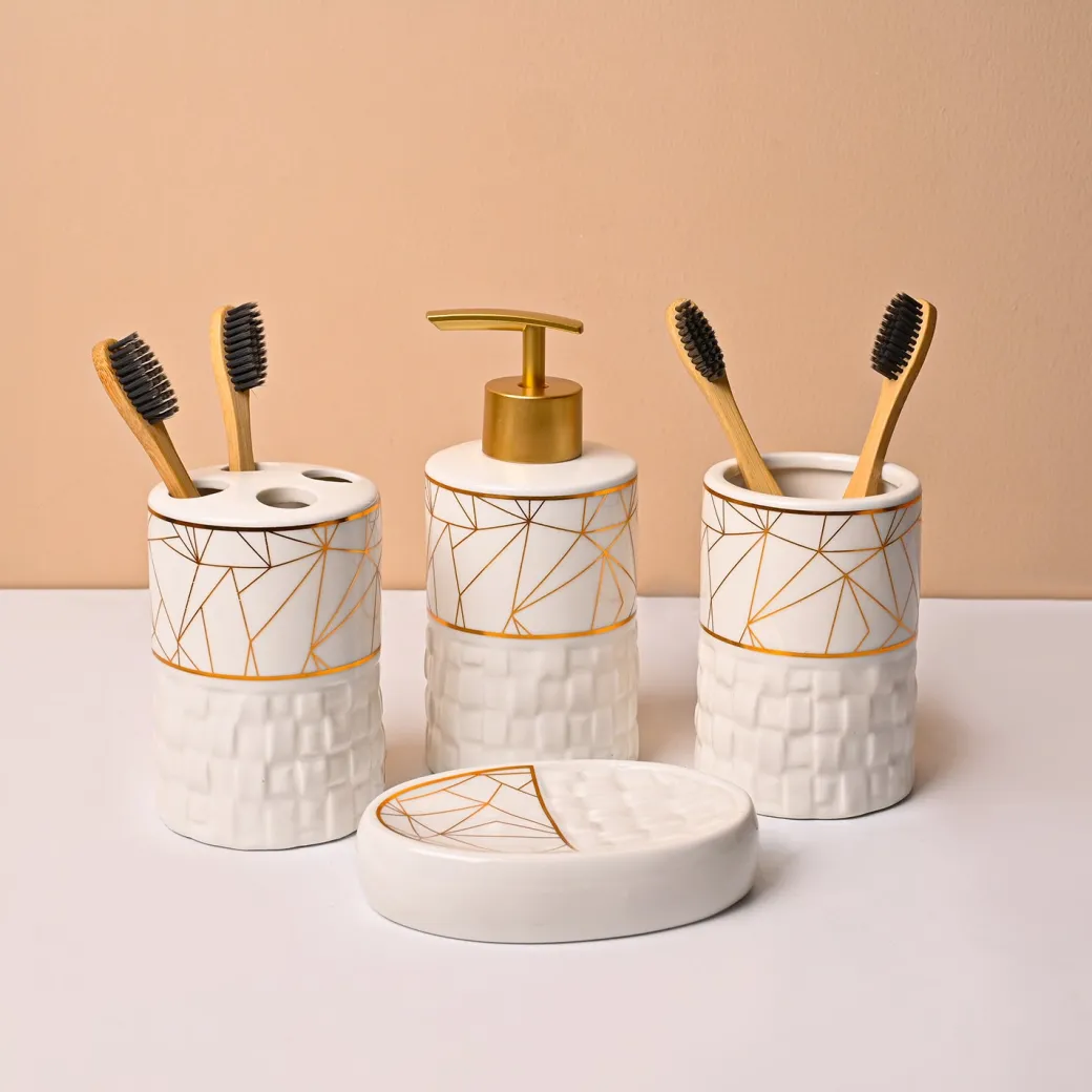 Bathroom Accessory Set (White with Brown, Ceramic – 4 Pc)