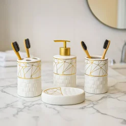 Bathroom Accessory Set (White with Brown, Ceramic – 4 Pc)