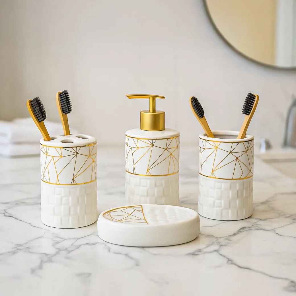Bathroom Accessory Set (White with Brown, Ceramic – 4 Pc)