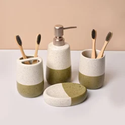 Bathroom Set (Set of 4) – White & Green Ceramic