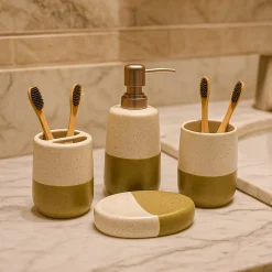 Bathroom Set (Set of 4) – White & Green Ceramic