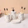 Bathroom Set (Set of 4) – White & Grey Ceramic (Leaf Design)