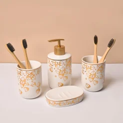 Bathroom Set (Set of 4) – White & Golden Ceramic (Leaf Design)