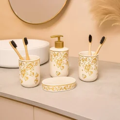 Bathroom Set (Set of 4) – White & Golden Ceramic (Leaf Design)