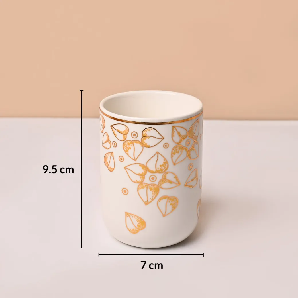 Bathroom Set (Set of 4) – White & Golden Ceramic (Leaf Design)