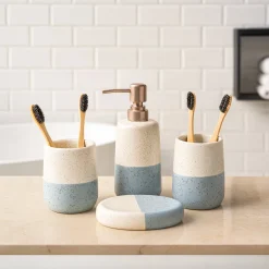 Bathroom Set (Set of 4) – White & Blue Ceramic