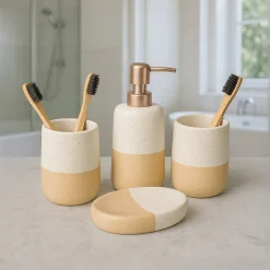 Bathroom Set (Set of 4) – White & Cream Ceramic