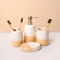 Bathroom Set (Set of 4) – White & Cream Ceramic