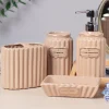 Beige Ceramic Bathroom Set Of 4 - Ribbed Design, Bath Accessories