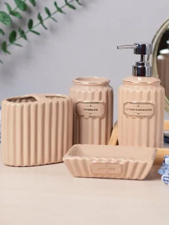 Beige Ceramic Bathroom Set Of 4 - Ribbed Design, Bath Accessories