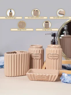 Beige Ceramic Bathroom Set Of 4 - Ribbed Design, Bath Accessories