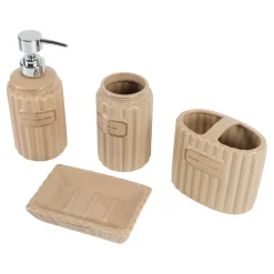 Beige Ceramic Bathroom Set Of 4 - Ribbed Design, Bath Accessories