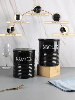 Biscuits & Namkeen Jar Set Of 2 ( Black, Each 1700 Ml )
