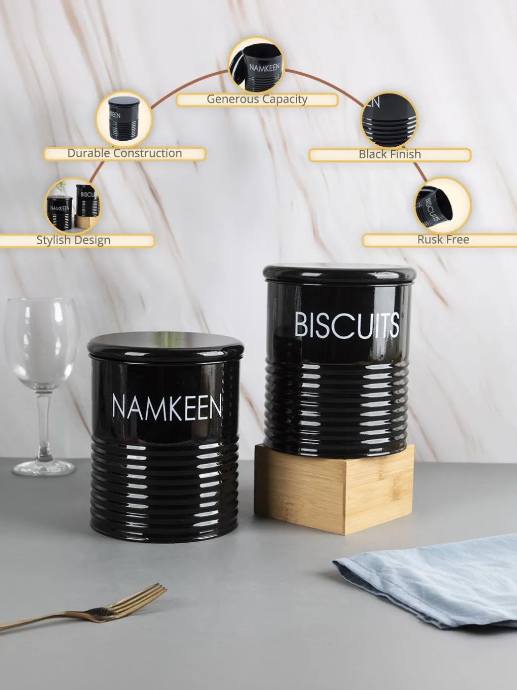 Biscuits & Namkeen Jar Set Of 2 ( Black, Each 1700 Ml )