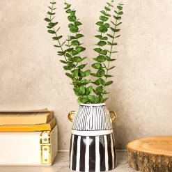 Black & White Ceramic Vase - Ribbed Design, Flower Holder