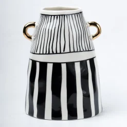 Black & White Ceramic Vase - Ribbed Design, Flower Holder