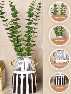 Black & White Ceramic Vase - Ribbed Design, Flower Holder