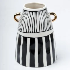 Black & White Ceramic Vase - Ribbed Design, Flower Holder