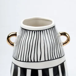 Black & White Ceramic Vase - Ribbed Design, Flower Holder