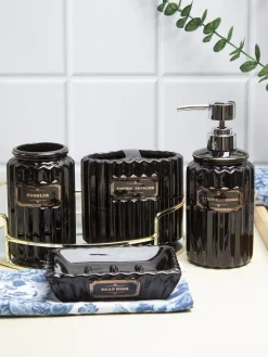 Black Ceramic Bathroom Set Of 4 - Ribbed Design, Bath Accessories