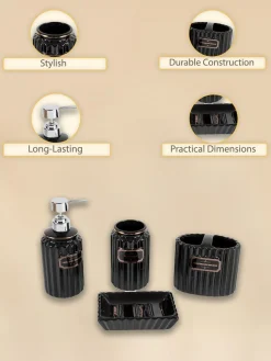 Black Ceramic Bathroom Set Of 4 - Ribbed Design, Bath Accessories