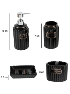 Black Ceramic Bathroom Set Of 4 - Ribbed Design, Bath Accessories