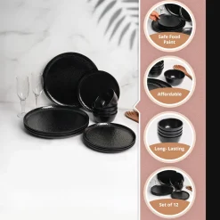 Black Hammered Melamine Dinner Set – 12 Pcs
