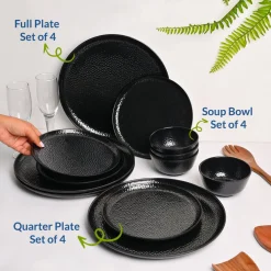 Black Hammered Melamine Dinner Set – 12 Pcs