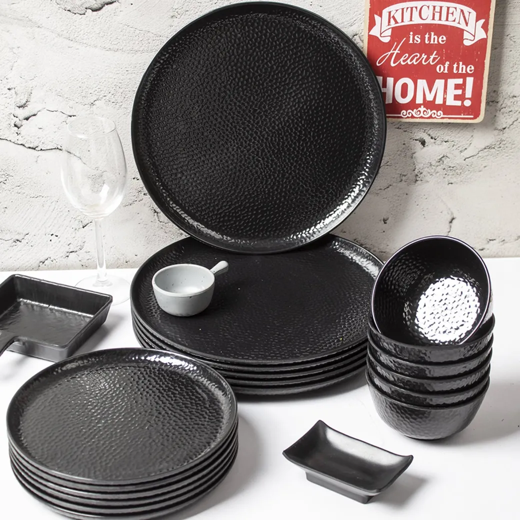 Black Melamine Dinner Set Of 18 Pcs - 6 Full & 6 Quarter Plates + 6 Bowls