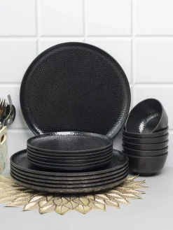Black Melamine Dinner Set Of 18 Pcs - 6 Full & 6 Quarter Plates + 6 Bowls