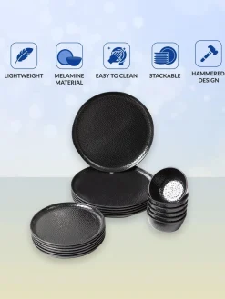 Black Melamine Dinner Set Of 18 Pcs - 6 Full & 6 Quarter Plates + 6 Bowls