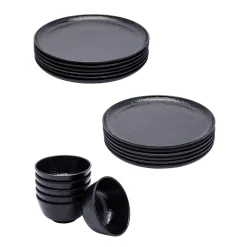 Black Melamine Dinner Set Of 18 Pcs - 6 Full & 6 Quarter Plates + 6 Bowls
