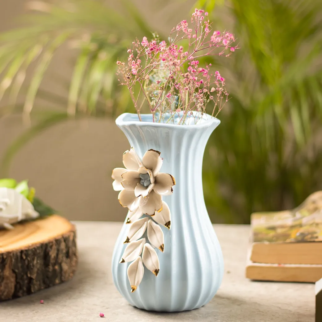 Blue Ceramic Curvy Vase - Engraved Floral Pattern, Flower Holder