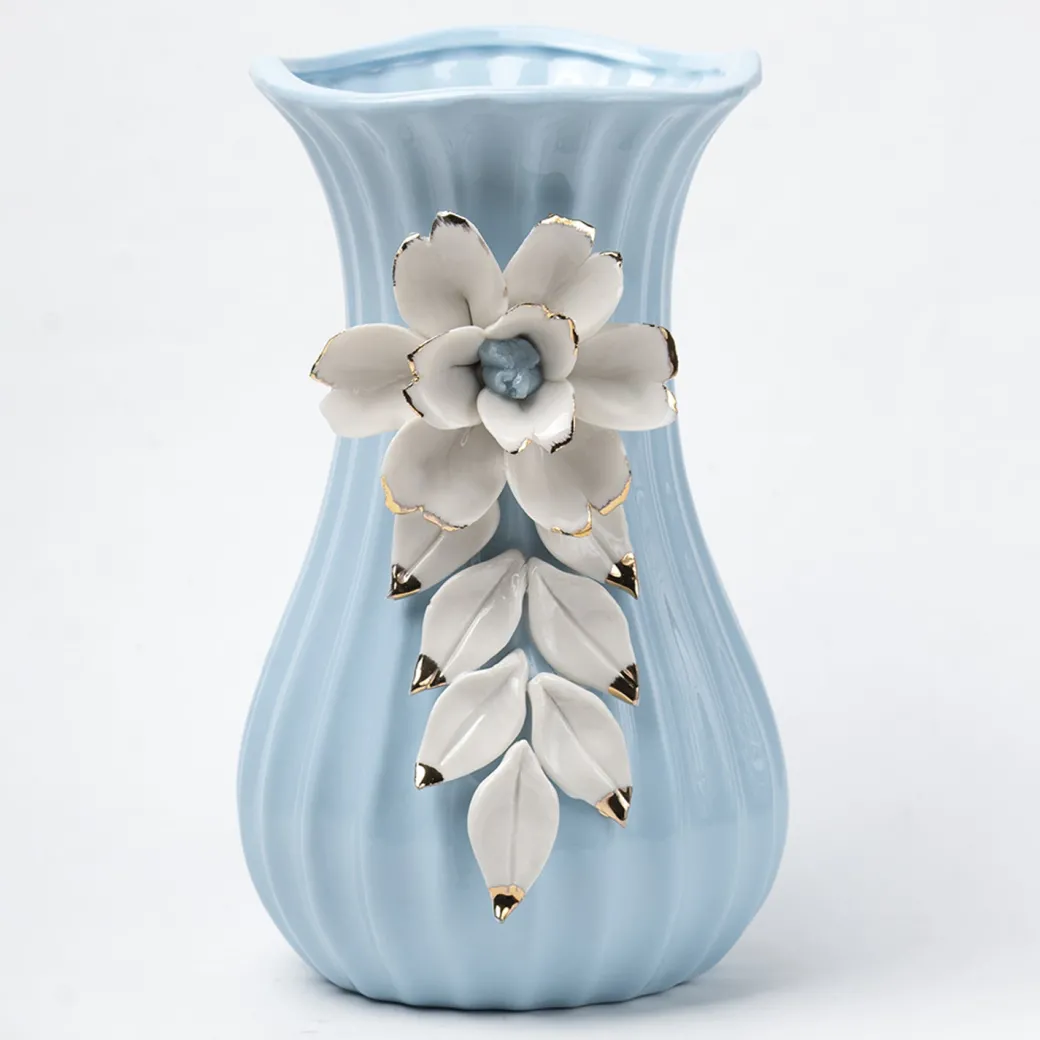 Blue Ceramic Curvy Vase - Engraved Floral Pattern, Flower Holder