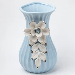Blue Ceramic Curvy Vase - Engraved Floral Pattern, Flower Holder