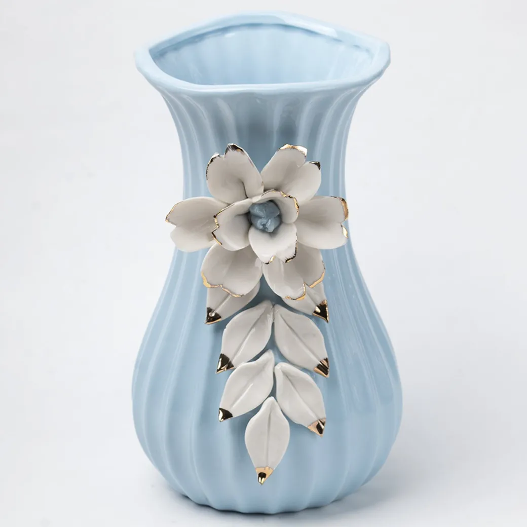 Blue Ceramic Curvy Vase - Engraved Floral Pattern, Flower Holder