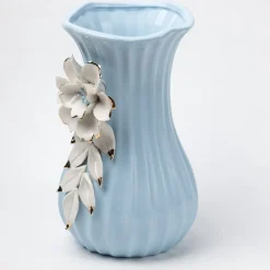 Blue Ceramic Curvy Vase - Engraved Floral Pattern, Flower Holder
