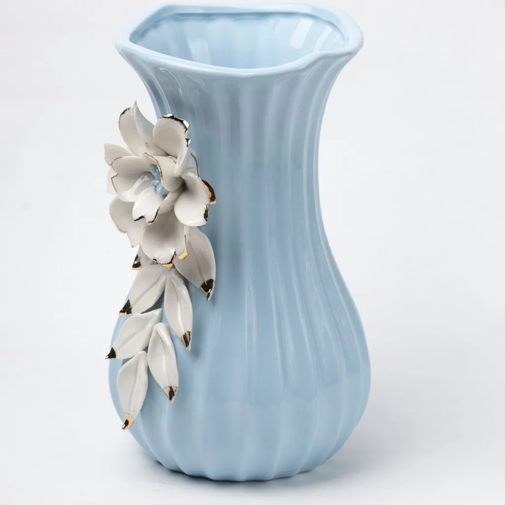 Blue Ceramic Curvy Vase - Engraved Floral Pattern, Flower Holder