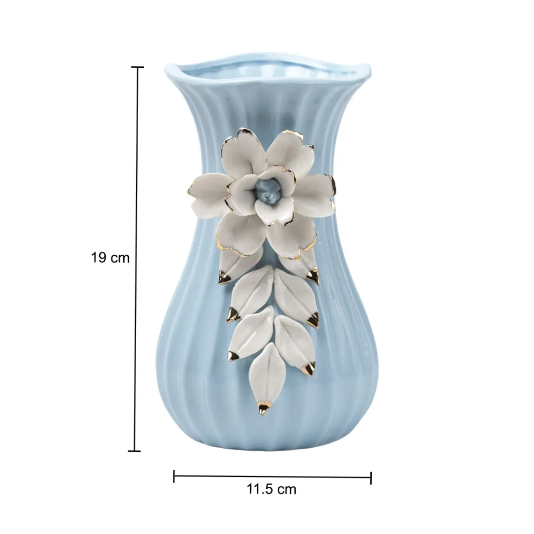 Blue Ceramic Curvy Vase - Engraved Floral Pattern, Flower Holder