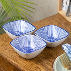 Blue Ceramic Dish, Pack Of 3 - Geometric Pattern, Serveware