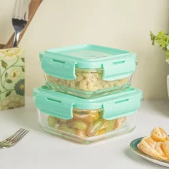 Borosilicate Food Containers (Pack of 2 - 340ml & 570ml) Green Lid