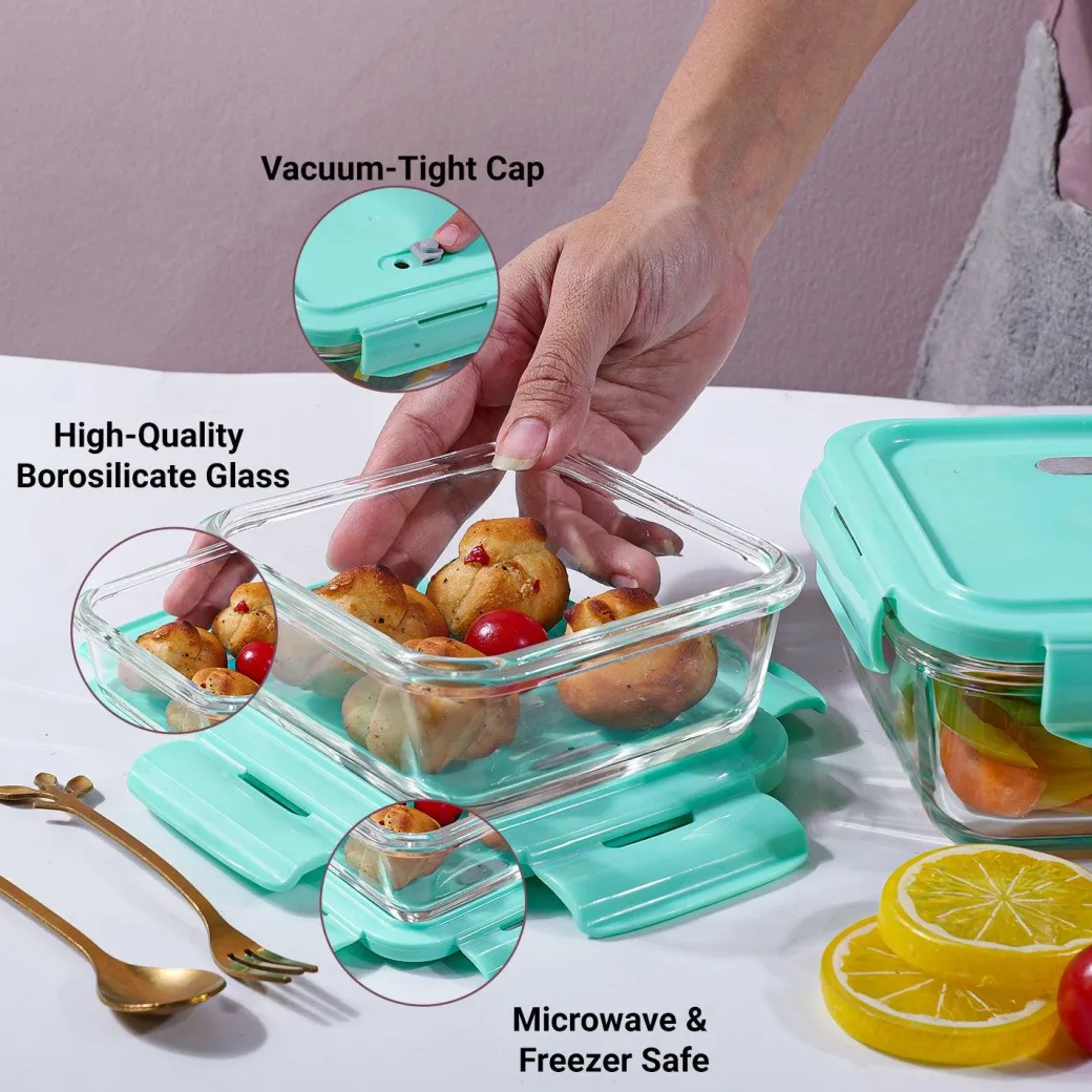 Borosilicate Food Containers (Pack of 2 - 340ml & 570ml) Green Lid